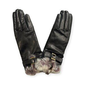 Sermoneta Leather Cashmere Lined gloves with Rabbit fur Trim size 7.5, Black NWT